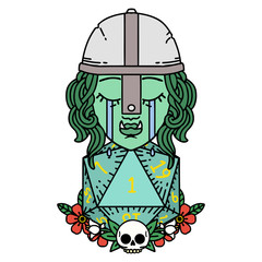 crying orc fighter character with natural one D20 roll illustration