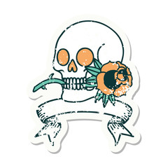 grunge sticker with banner of a skull and rose