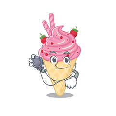 Strawberry ice cream in doctor cartoon character with tools