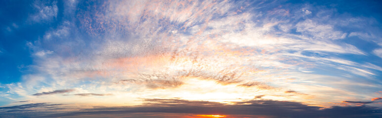 Beautiful Panoramic View of Cloudscape during a colorful sunset or sunrise. Taken on the East Coast by the Atlantic Ocean in Canada.