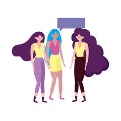 group women young characters talking bubble isolated design