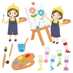 Happy little girl painting and painting tools vector set. Girl painting flowers and tools for painting cartoon vector