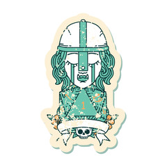 crying orc fighter character with natural one D20 roll illustration