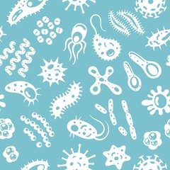 Seamless pattern with silhouettes of bacteria, viruses and germs. Microorganism cells repeating background for textil design, wrapping papper, wallpapper.