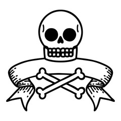 black linework tattoo with banner of a skull and bones