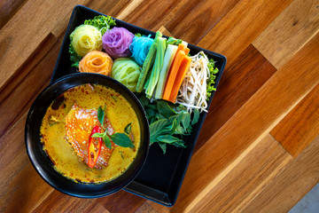 Multicolored rice noodles with crab (Eaten with crab curry sauce)