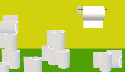 Set of rolls of toilet paper and holder. Star item icon in the COVID-19 era. Green tones. 3D group illustration of this item with increasing value.