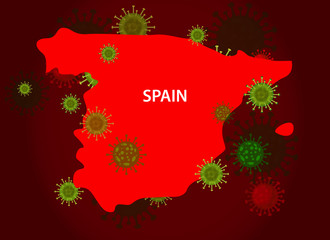 Spain map with covid-19 virus concept. Coronavirus is spread to all over the world and infected to countries. Vector illustration of red map design with influenza virus. Covid 19 Spain map.