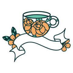 tattoo with banner of a cup and flowers