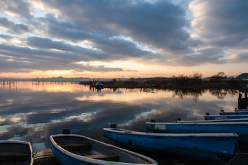 boat on the lake. sunrise at the lake.