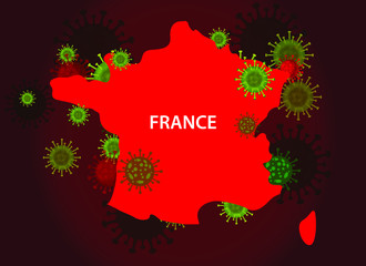 France map with covid-19 virus concept. Coronavirus is spread to all over the world and infected to countries. Vector illustration of red map design with influenza virus. Covid 19 France map.