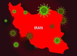 Iran map with covid-19 virus concept. Coronavirus is spread to all over the world and infected to countries. Vector illustration of red map design with influenza virus. Covid 19 Iran map.