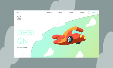 Travel car as a plane layout landing page design and illustration
