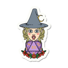elf mage character with natural twenty dice roll sticker