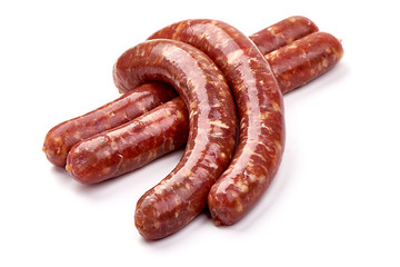 Fresh beef sausages, isolated on white background