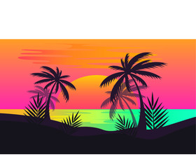 Fototapeta na wymiar Sea and palms illustration sunset at the beach