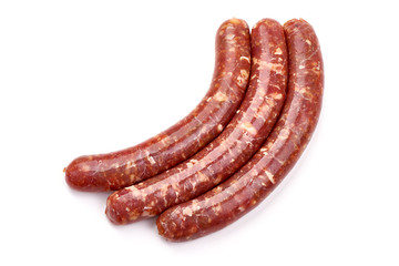 Fresh beef sausages, isolated on white background