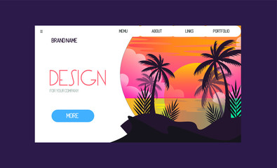 Tropical sunset layout landing page design and illustration