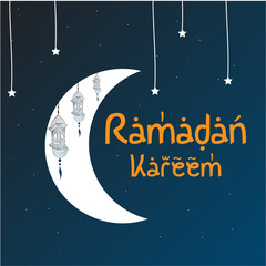 Ramadan Kareem greeting crescent islamic symbol with hanging lantern paper art cutout