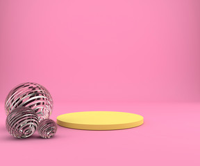 3d rendering studio with geometric shapes, podium on the floor. Platforms for product presentation, mock up background.