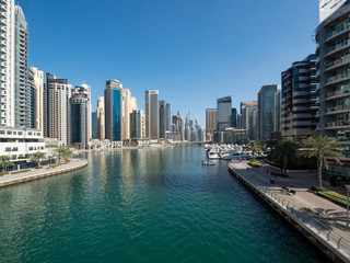 DUBAI, UAE - February 2020: Modern buildings in Dubai Marina, Dubai, UAE. In the city of artificial channel length of 3 kilometers along the Persian Gulf, taken on February 2020 in Dubai.
