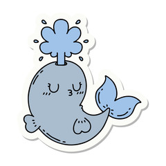 sticker of tattoo style happy squirting whale character