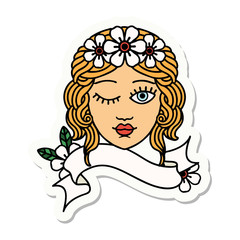 tattoo sticker with banner of a maidens face winking