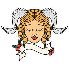 tiefling character face with scroll banner illustration