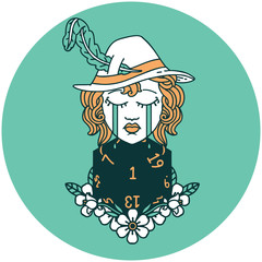 crying human bard with natural one D20 dice roll icon