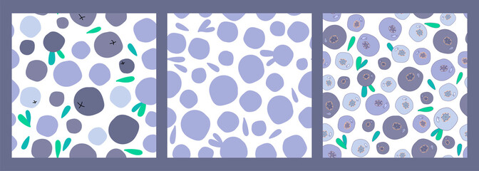 three seamless patterns with abstract blueberries, bilberries and green leaves on a white background