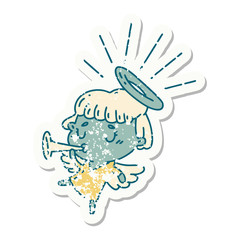 grunge sticker of tattoo style angel blowing trumpet