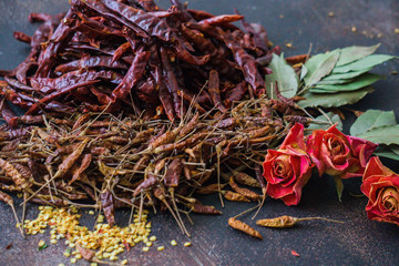 Dried pods of chili peppers of different varieties.