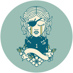 crying elf rogue character face with natural one D20 roll illustration