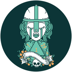 crying orc fighter character face with natural one D20 roll icon