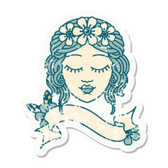 grunge sticker with banner of a maidens face