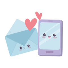 cute smartphone and mail hearts love kawaii cartoon character