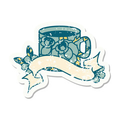 grunge sticker with banner of a cup and flowers