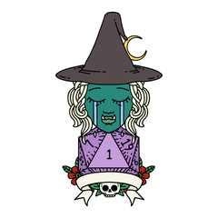 crying half orc witch character with natural one roll illustration