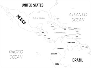 Central America map. High detailed political map Central American and Caribbean region with country, capital, ocean and sea names labeling