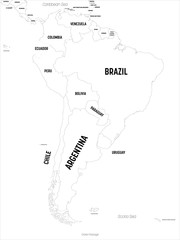 South America map. High detailed political map South American continent with country, capital, ocean and sea names labeling