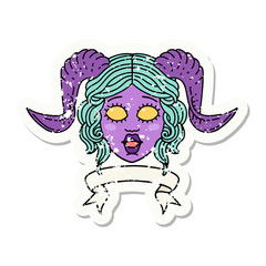 tiefling character face with scroll banner illustration