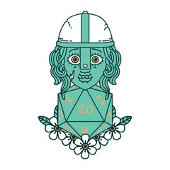 half orc fighter character with natural twenty dice roll illustration