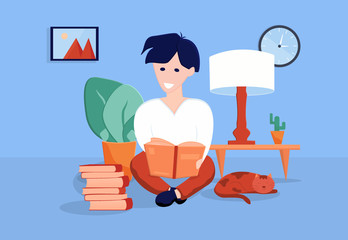 The child is studying at home. Home schooling concept. Distance Learning. Cozy home atmosphere. Vector illustration.  Remote study from home during Quarantine