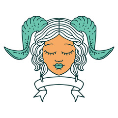 tiefling character face with scroll banner illustration