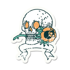 grunge sticker with banner of a skull and rose