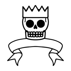 black linework tattoo with banner of a skull and crown