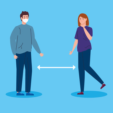 campaign of social distancing for covid 19 with couple using face mask vector illustration design