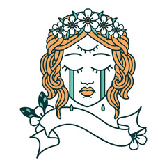tattoo with banner of female face crying with third eye