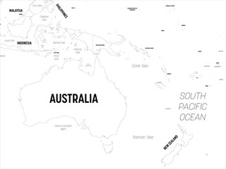 Australia and Oceania map. High detailed political map of australian and pacific region with country, capital, ocean and sea names labeling
