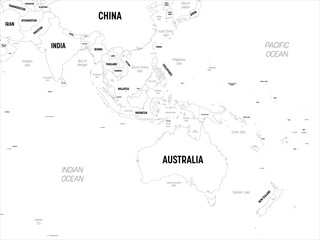 Fototapeta na wymiar Australia and Southeast Asia map. High detailed political map of australian and southeastern Asia region with country, capital, ocean and sea names labeling